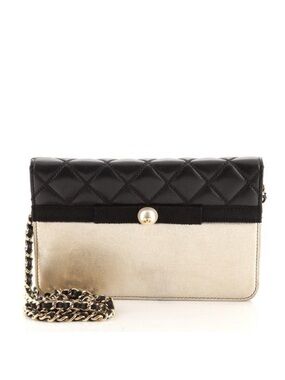 Chanel Black and Gold Quilted wallet on chain with pearl CC accent and chain